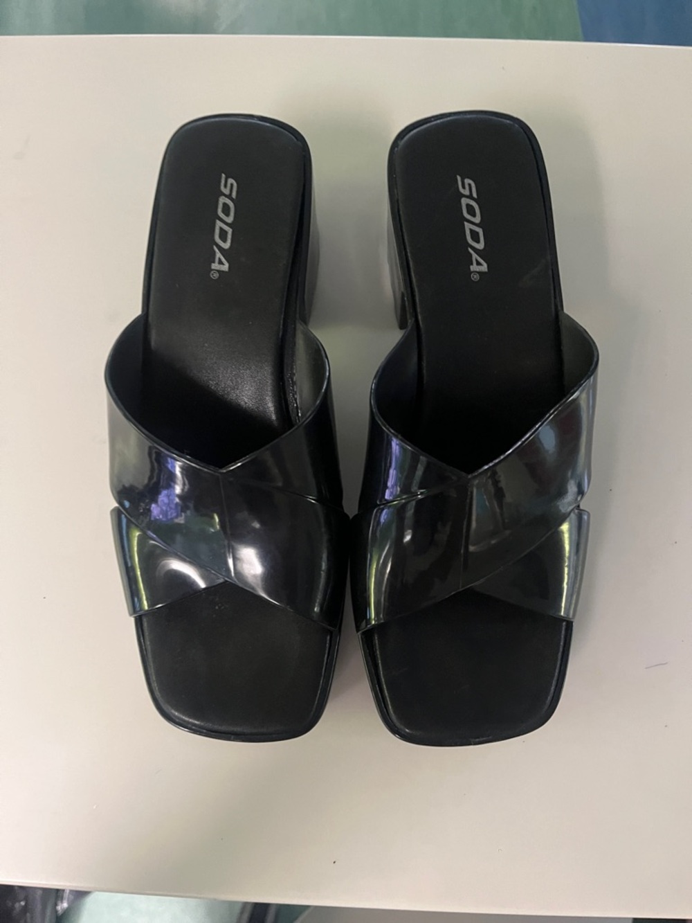 Soda Black Patent Cross-Strap Slide Mules